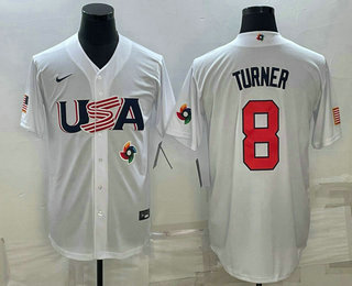 Mens USA Baseball #8 Trea Turner 2023 White World Baseball Classic Stitched Jerseys